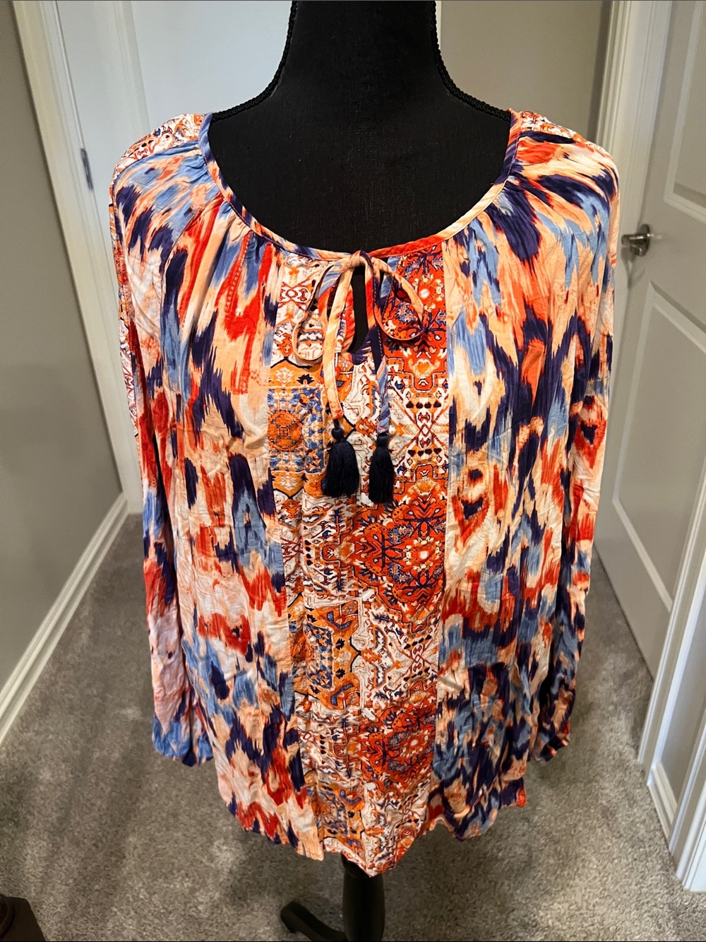 Faded Glory Orange Navy Cream Printed Tie-Front Peasant Blouse